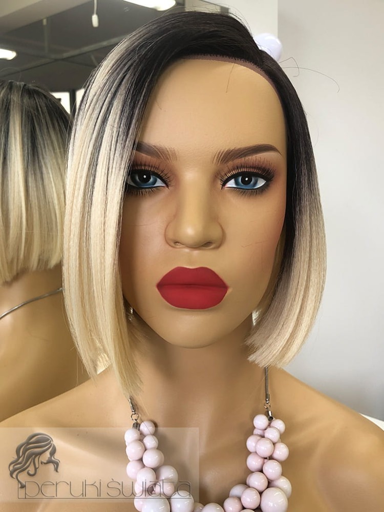 Peruka syntetyczna Dayana, kanekalon termoplastyczny, bob, jasny, ciepły blond na ciemnym odroście 