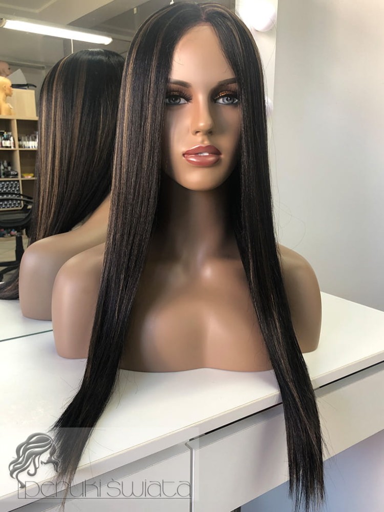 Peruka syntetyczna, model Dani, kanekalon, lace front, kolor: baleiage, czerń z pasemkami w kolorze miodowego blondu