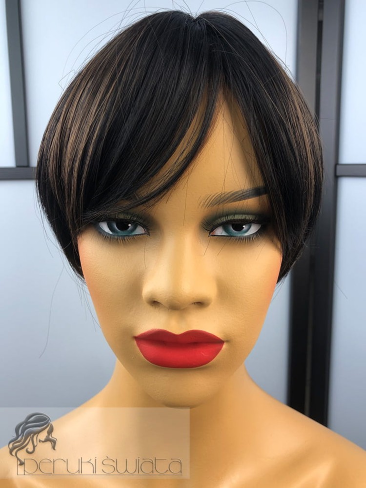 peruka krótka włosy proste czarne z brązowymi refleksami