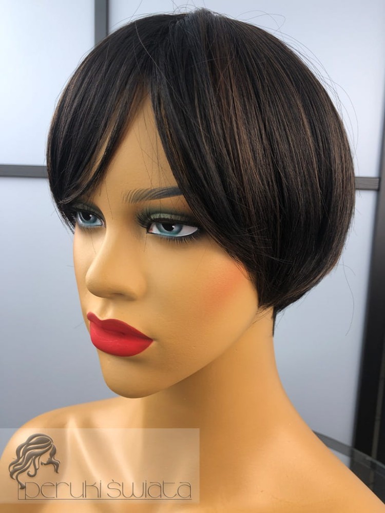 peruka krótka włosy proste czarne z brązowymi refleksami