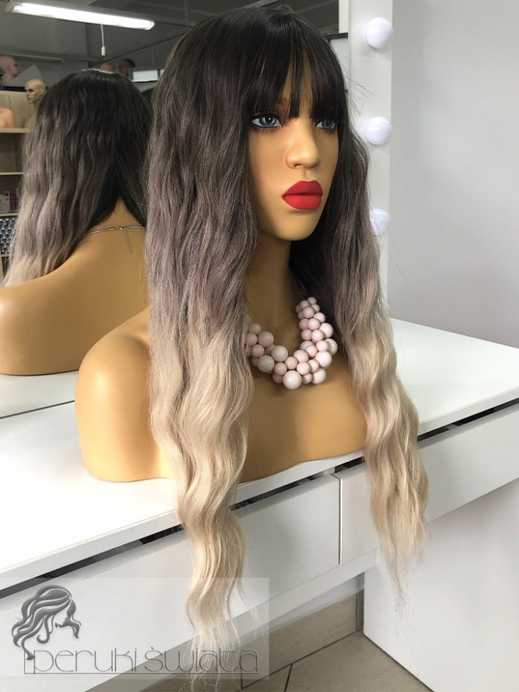 Peruka Mia, kanekalon typu: „ true hair", ombre: jasny blond, szary blond na ciemnym odroście 