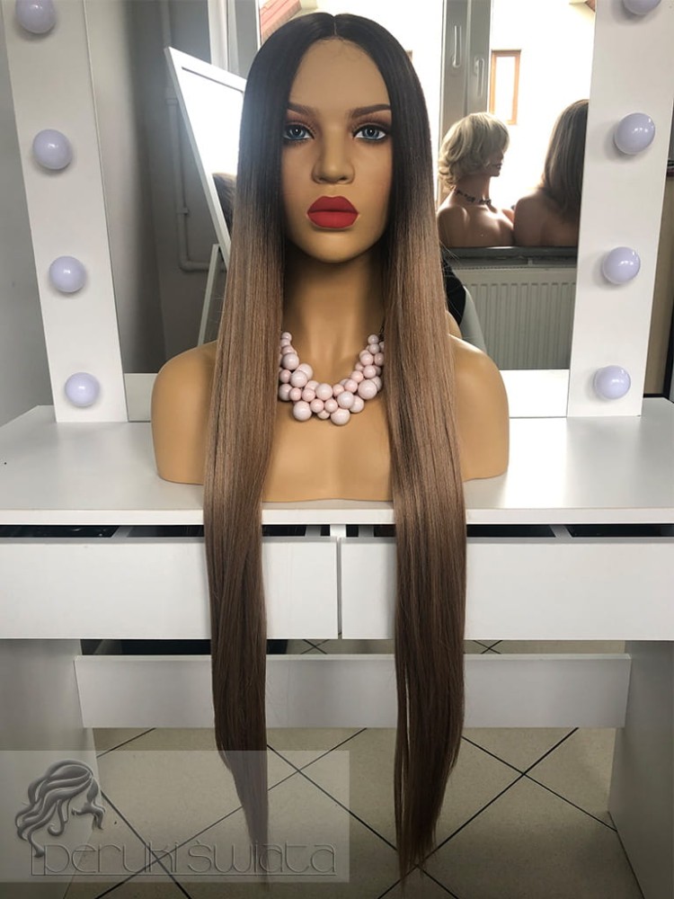 Peruka syntetyczna Cassandra, kanekalon japoński, kolor: mix złoty, beżowy i jasny blond, na ciemnym odroście