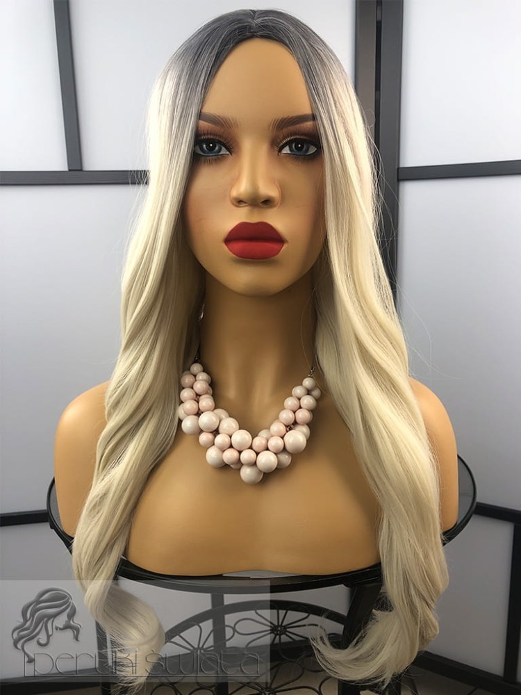 Peruka syntetyczna, model Ella, kanekalon japoński, jasny platynowy blond na ciemnym odroście 