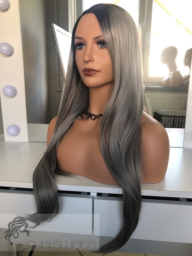 Profesjonalna peruka syntetyczna,  model Briella, kanekalon japoński, lace front,  szary i popielaty blond na ciemnym odroście