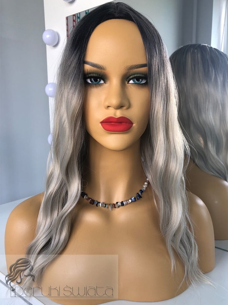 Peruka syntetyczna, model Renata, kanekalon japoński, long bob, fale, kolor:  mix jasnych blondów na odroście