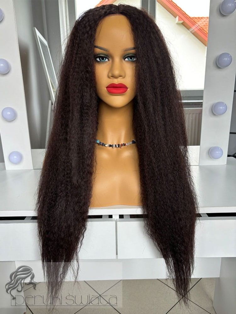 Peruka syntetyczna o wadze i wyglądzie włosów naturalnych, model Piper, kanekalon japoński, czepek typu lace front, włos karbowany kolor: gorzka czekolada