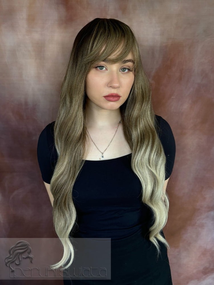peruka długa z grzywką fale chłodny blond