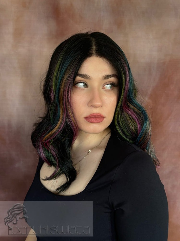 peruka syntetyczna fale tkana na siatce czerń z kolorowymi pasmami