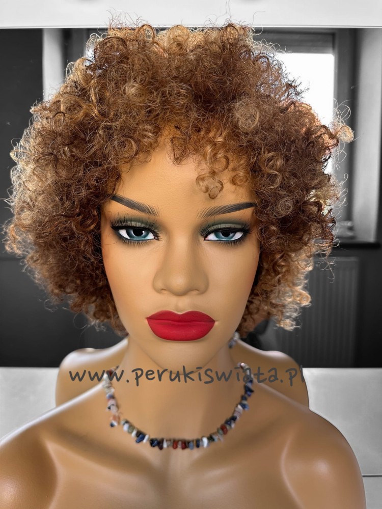 Model Zoe, peruka z włosów naturalnych, drobne loki, słoneczny blond z brązem 