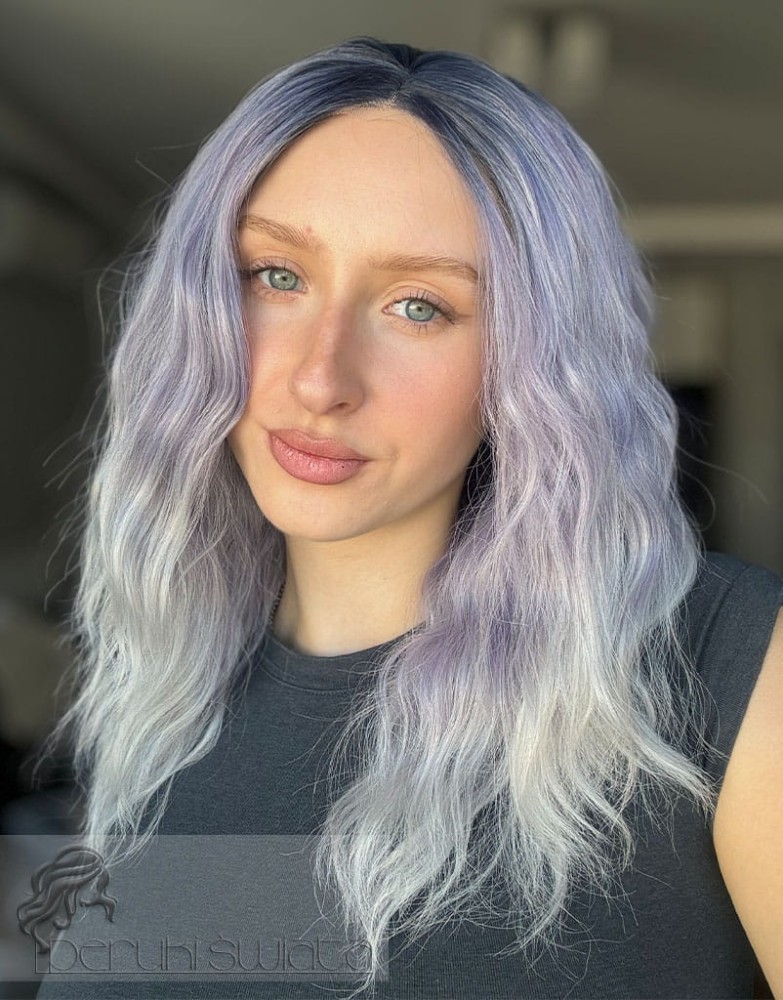 peruka fale fiolet z popielatym szarym long bob