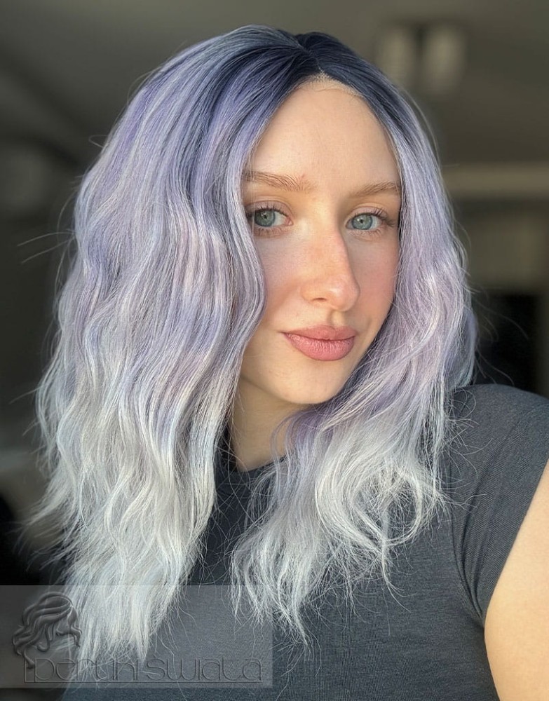 peruka fale fiolet z popielatym szarym long bob