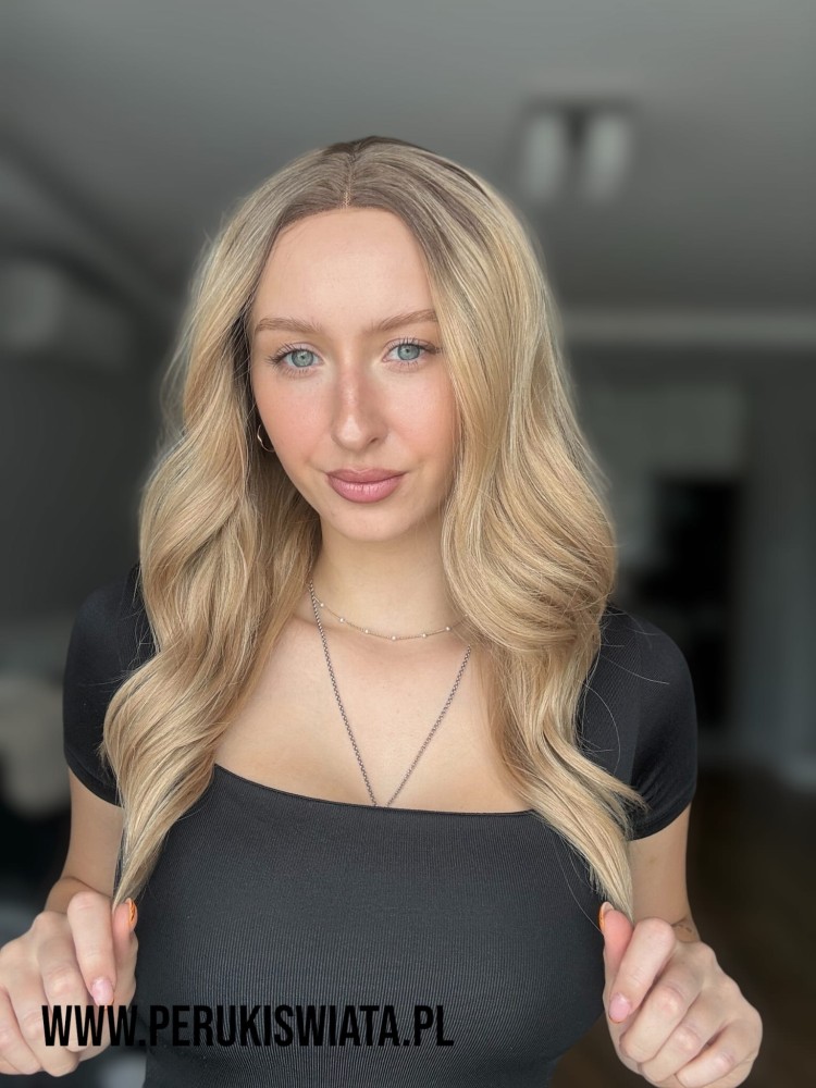 Model Emma, peruka syntetyczna, fale, kolor:ciepły miodowy blond na odroście