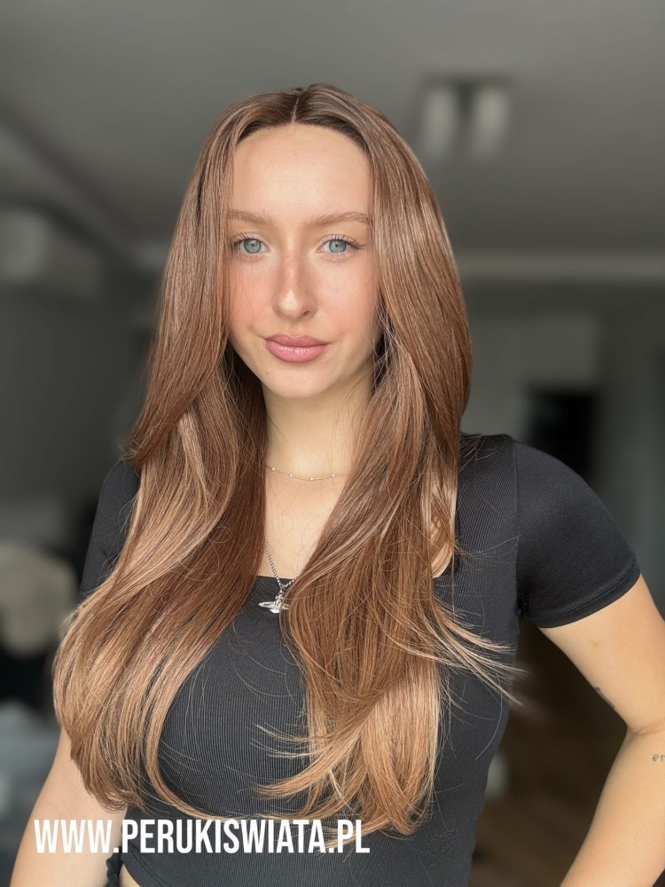 Peruka syntetyczna Aster, kanekalon termoplastyczny, long bob, kolor: mix brązów i rudości na odroście w tonacji