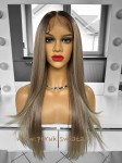 Peruka syntetyczna, model Della, kanekalon, full  lace front, kolor: mix słowiańskich blondów z jasnym brązowym odroście  