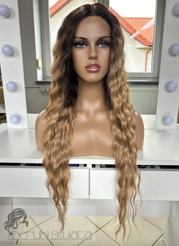 Peruka syntetyczna, model Ivy, lace front, kolor: mix blondów na odroście. skręt typu: body wave