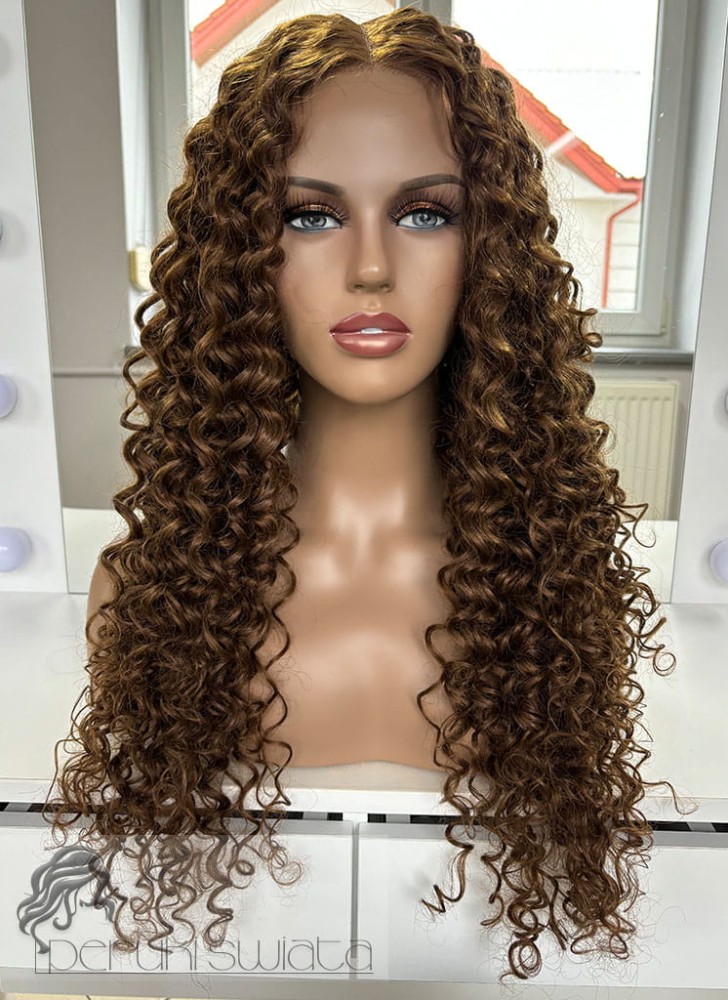 Peruka syntetyczna, model Jorie, afroloki, kolor: jasny, ciepły brąz