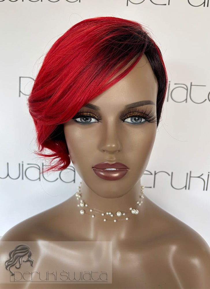 Peruka Laura, asymetryczny bob, loki/fale, kolor : czerń/czerwień