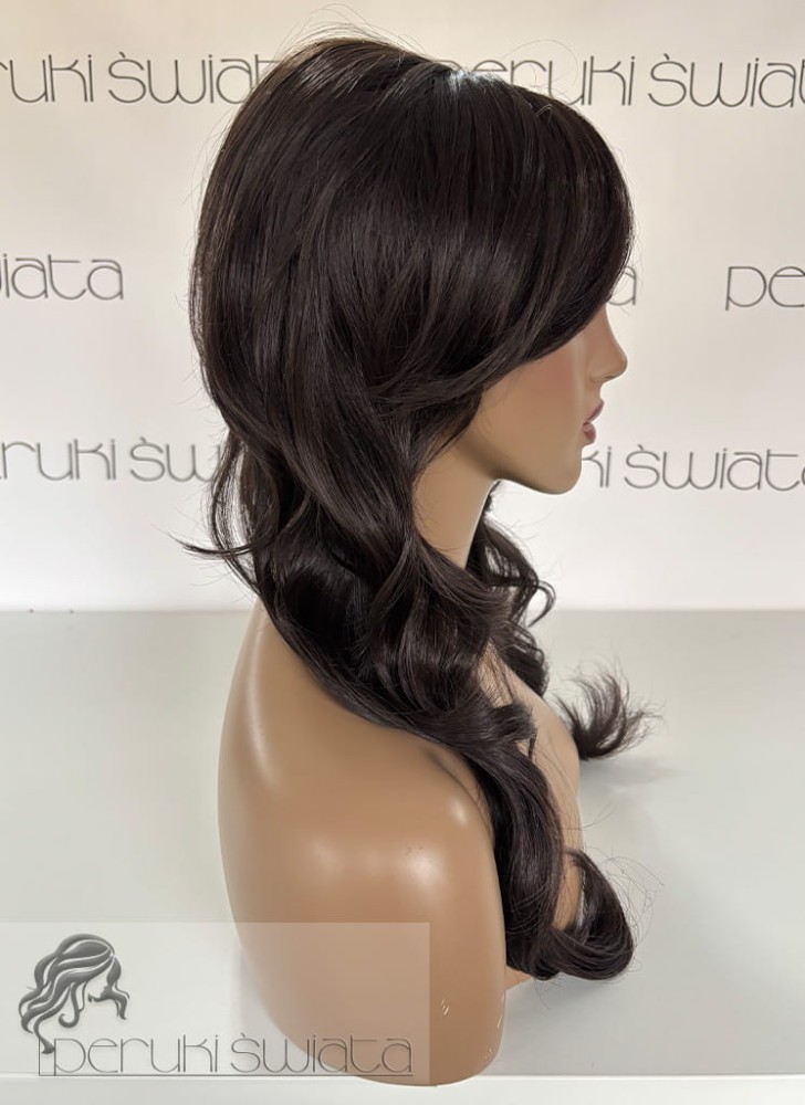 peruka syntetyczna z grzywką włosy długie falowane kolor ciemna gorzka czekolada