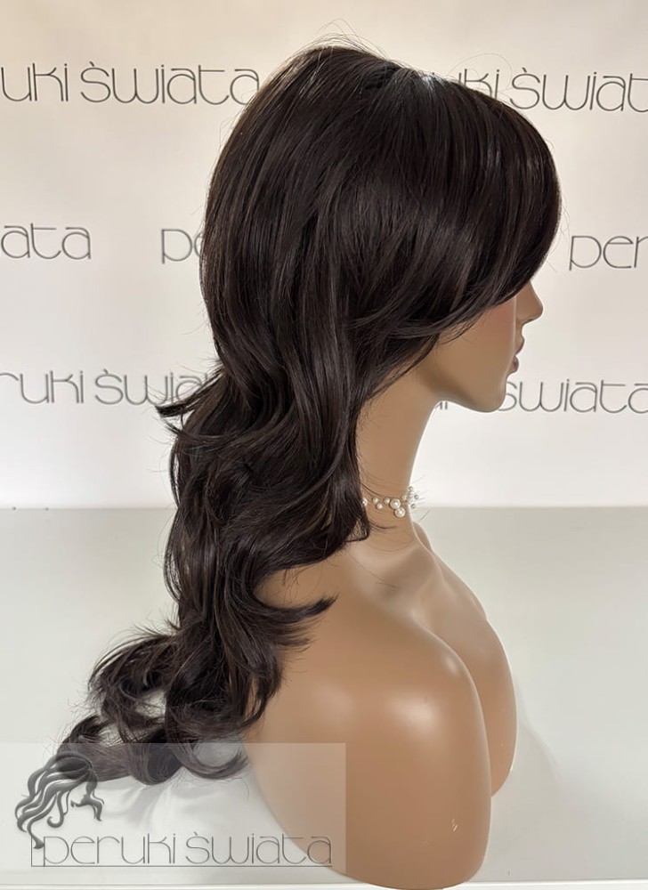 peruka syntetyczna z grzywką włosy długie falowane kolor ciemna gorzka czekolada