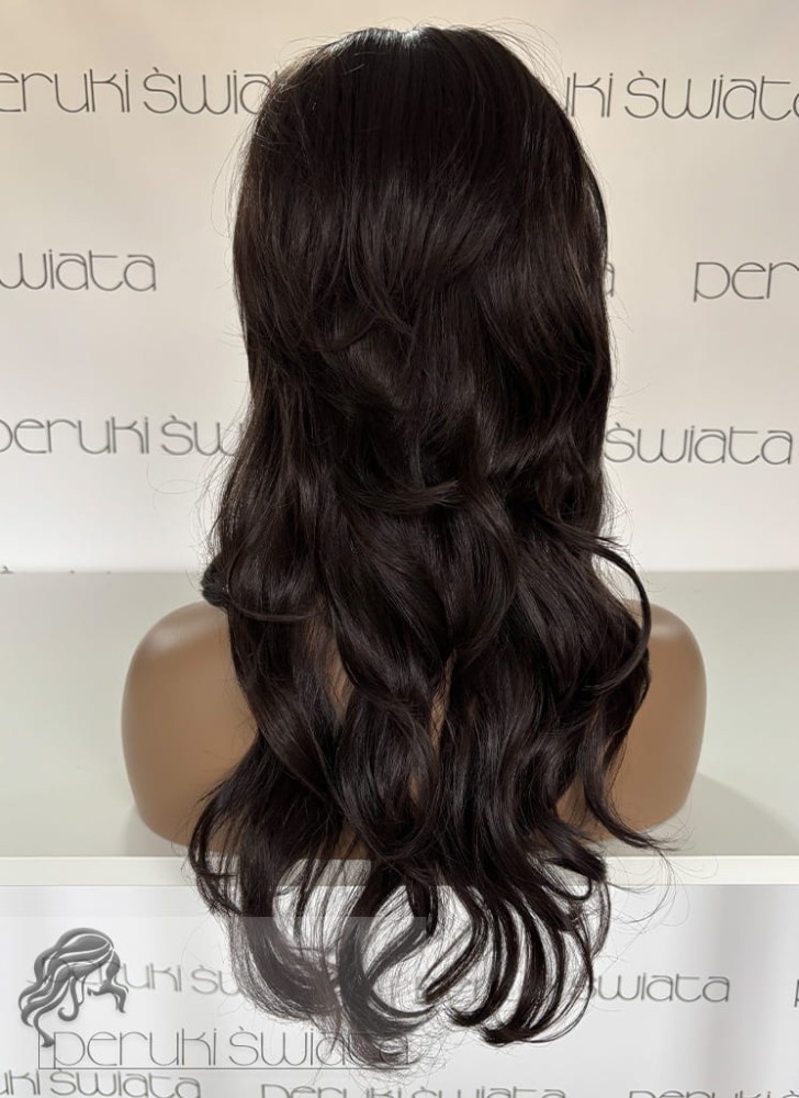 peruka syntetyczna z grzywką włosy długie falowane kolor ciemna gorzka czekolada