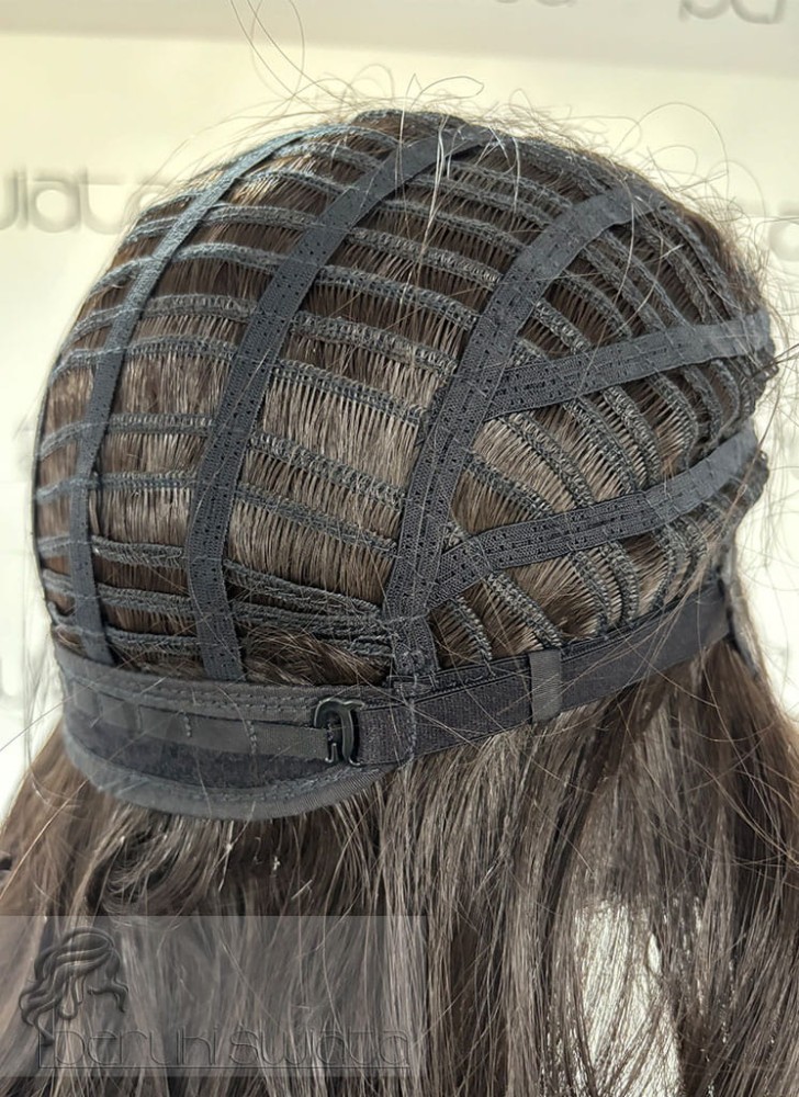 peruka syntetyczna z grzywką włosy długie falowane kolor ciemna gorzka czekolada