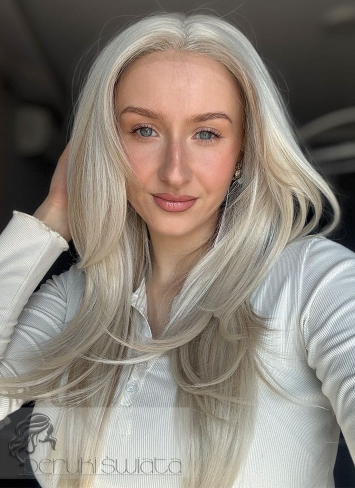 Peruka syntetyczna Deborah, czepek typu: full lace, kanekalon termoplastyczny, biały blond z pasemkami ciepłego blondu