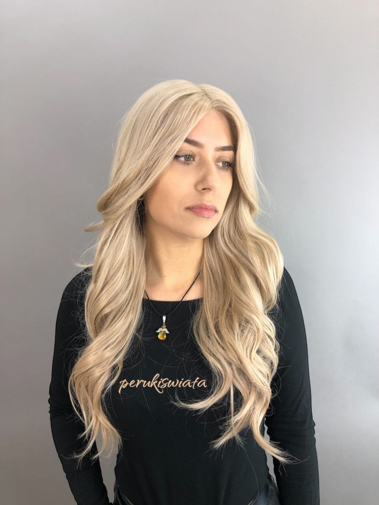 Peruka syntetyczna Dafne, czepek typu lace front, kanekalon, kolor: kremowo-perłowy blond 