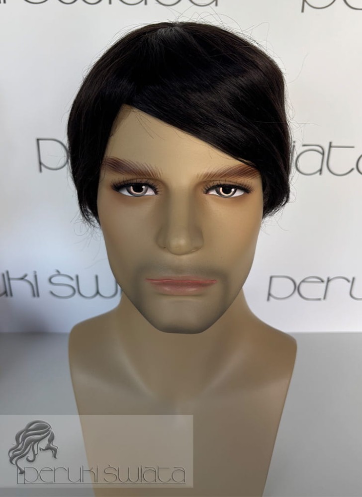 Ręcznie tkany topper/tupet systemowy, peruka systemowa, unisex,  z włosów naturalnych, kolor:  ciemny brąz /czerń naturalna