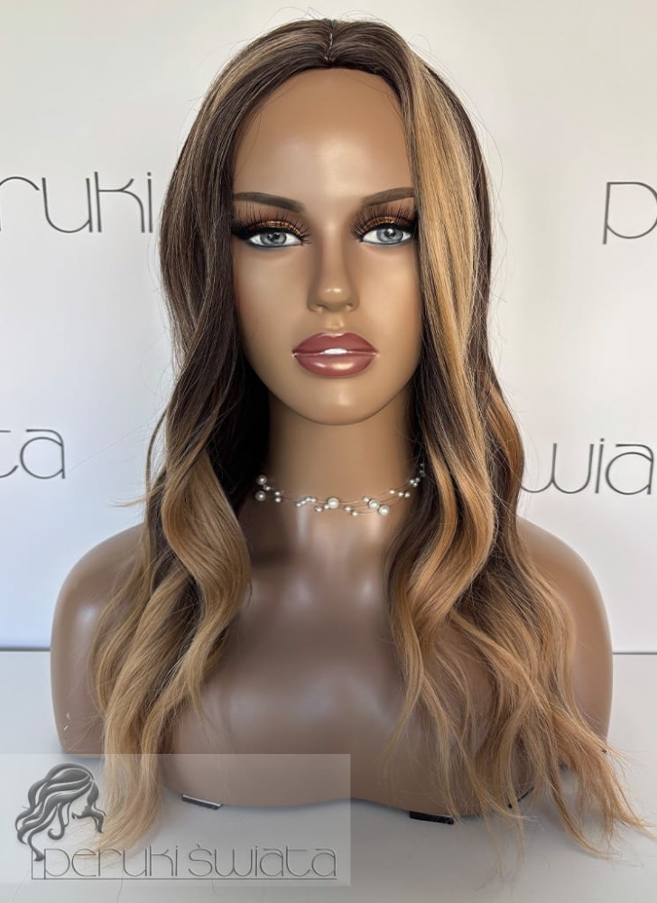 Peruka syntetyczna Maribel, kanekalon premium, loki/fale, kolor: mix ciemny szatyn brąz plus pasemka miodowy blond