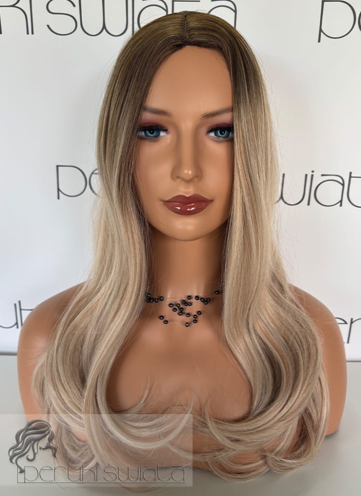 Peruka Ginevra, kanekalon termoplastyczny, long bob, kolor: ciepły beżowy blond na odroście