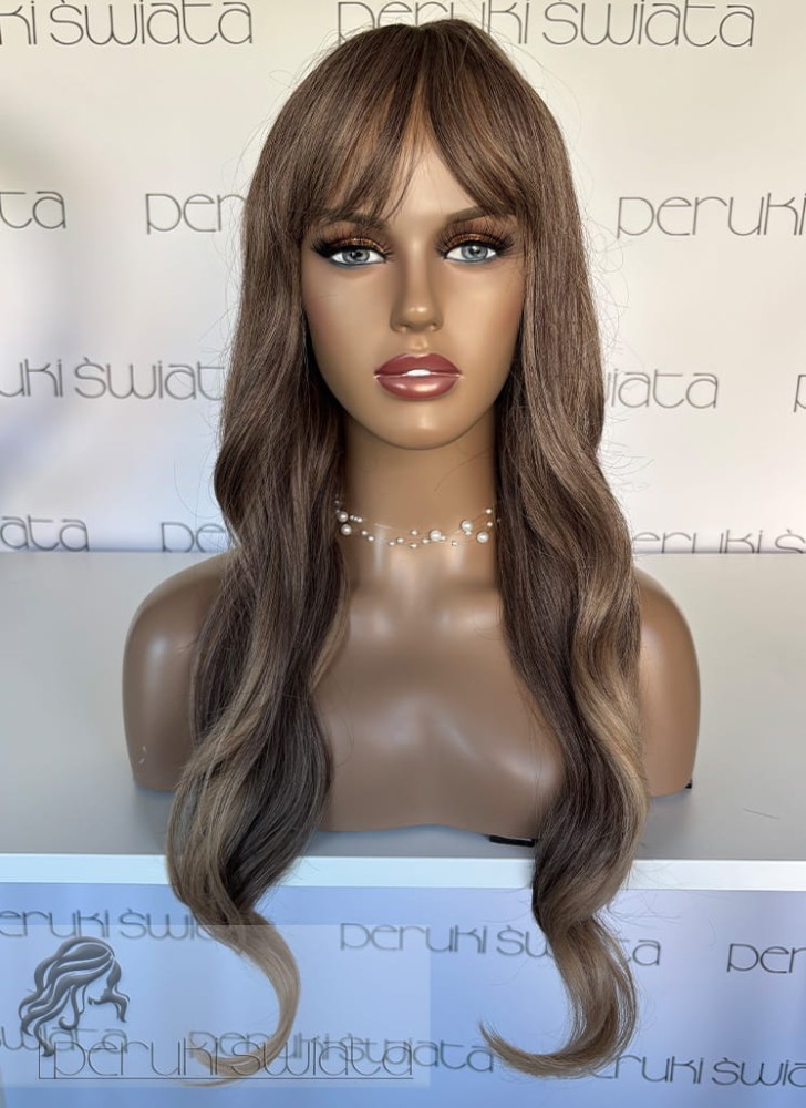 Peruka AX56, kanekalon premium 3D, kolor: ciepły beżowy blond z jaśniejszymi refleksami  i końcami, fale/loki