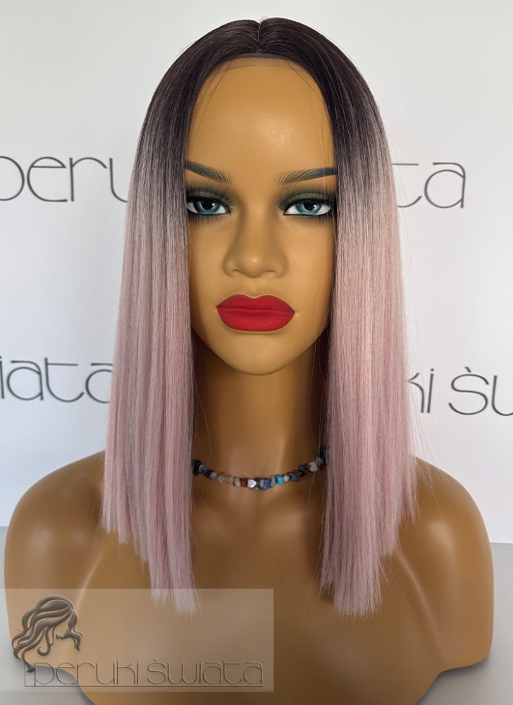 Peruka Brenda, long bob, kolor: ombre, pudrowy róż na  ciemnym, chłodnym brązie