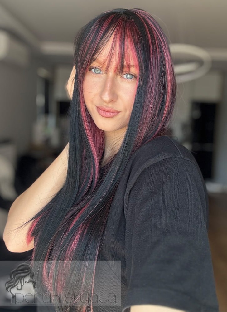 Peruka model Laurel, kanekalon typu "true hair", long bob z grzywką, kolor: czerń z pasemkami w kolorze zgaszonego różu