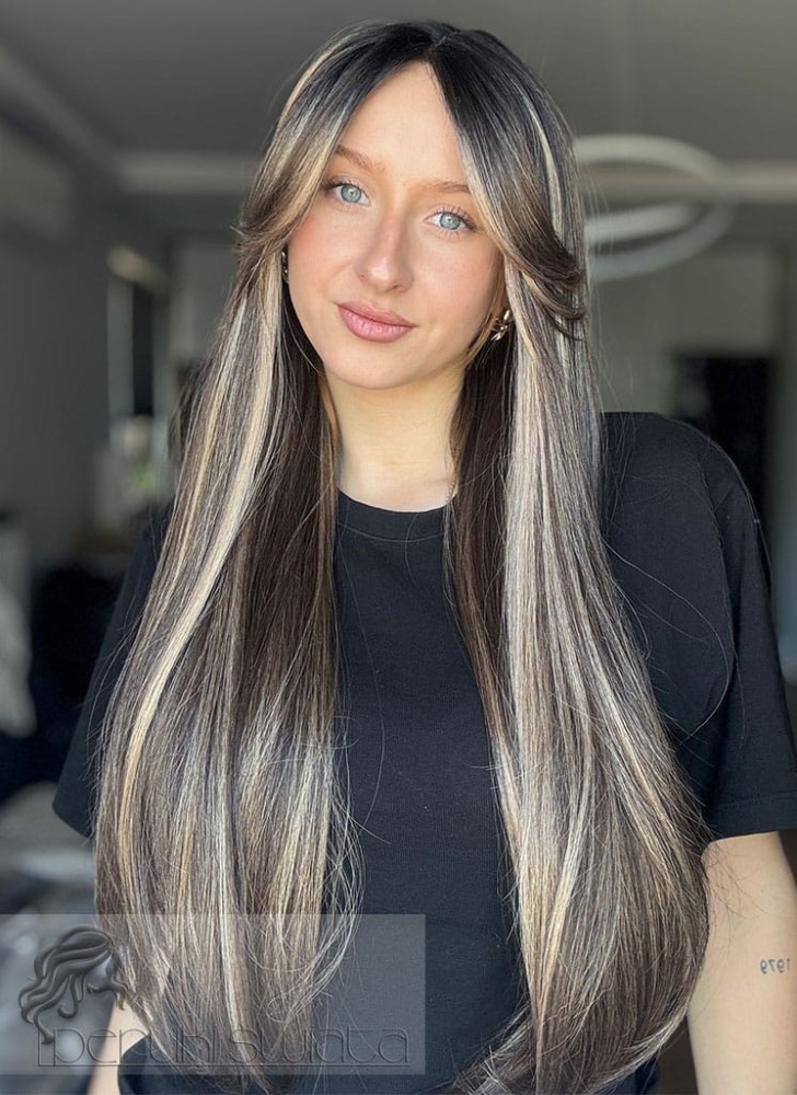 Model Davina, profesjonalna peruka syntetyczna, ręcznie tkana, kanekalon japoński 3D, lace front,  mix ciemnych brązów z blondem