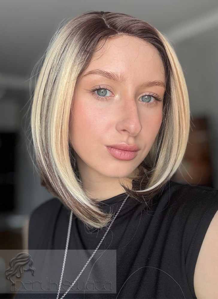 Peruka profesjonalna Erin, bob, kolor: brąz z blond pasemkami na odroście