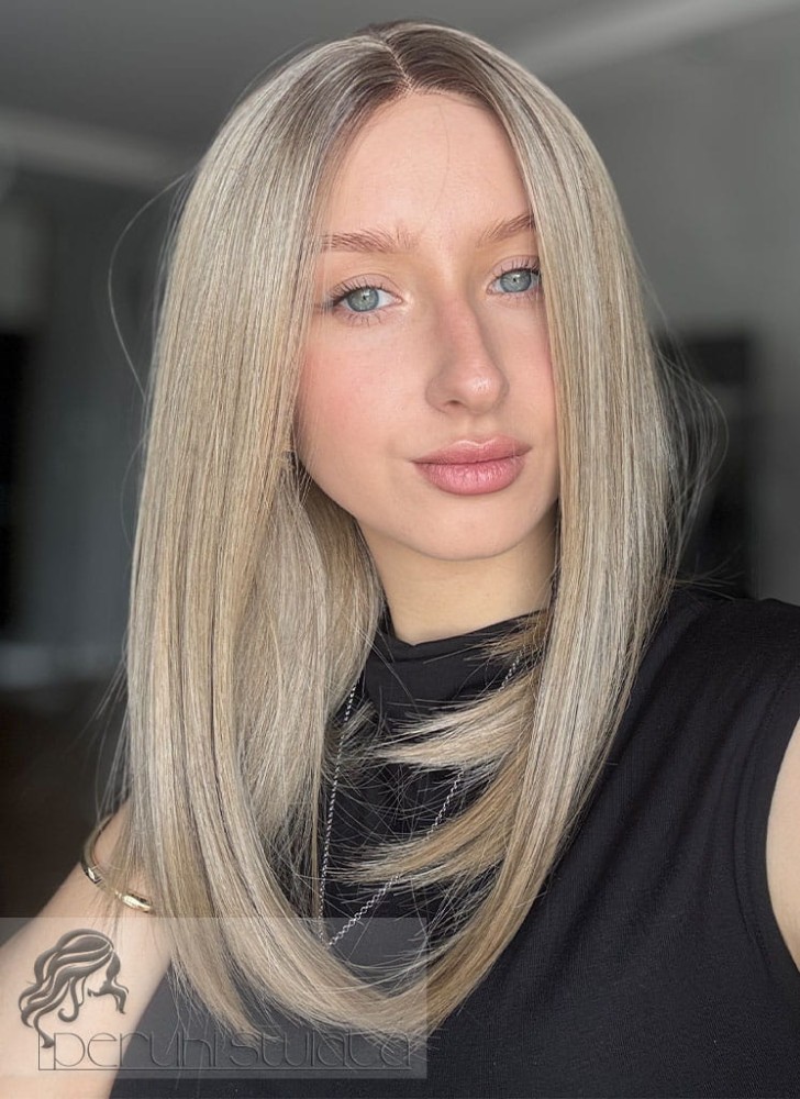 Peruka syntetyczna Rosie, long bob, kolor: słowiański, ciepły blond na subtelnym odroście