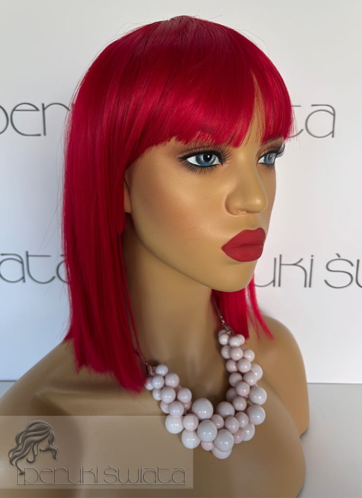 Peruka syntetyczna Clarissa, bob z grzywką, kolor: intensywna czerwień, włosy miękkie jak atłas