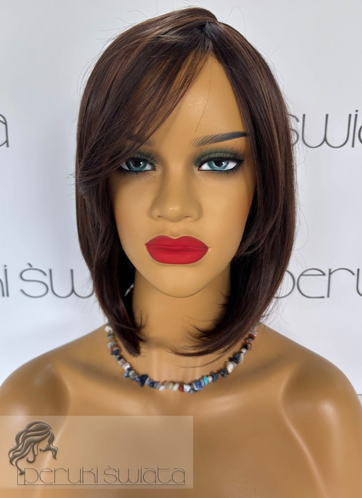 Peruka MB166, bob z długą grzywką, kolor: brąz z refleksami 