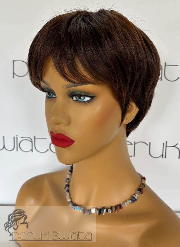 Peruka syntetyczna, model nr MB109, kolor: ciemny czekoladowy brąz z refleksami, mały czepek  