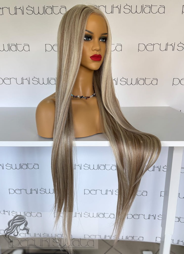 Peruka syntetyczna Cassandra, kanekalon termoplastyczny, mix jasnego chłodnego i ciepłego blondu z pasemkami w kolorze średniego, ciepłego blondu (P12/16/613)