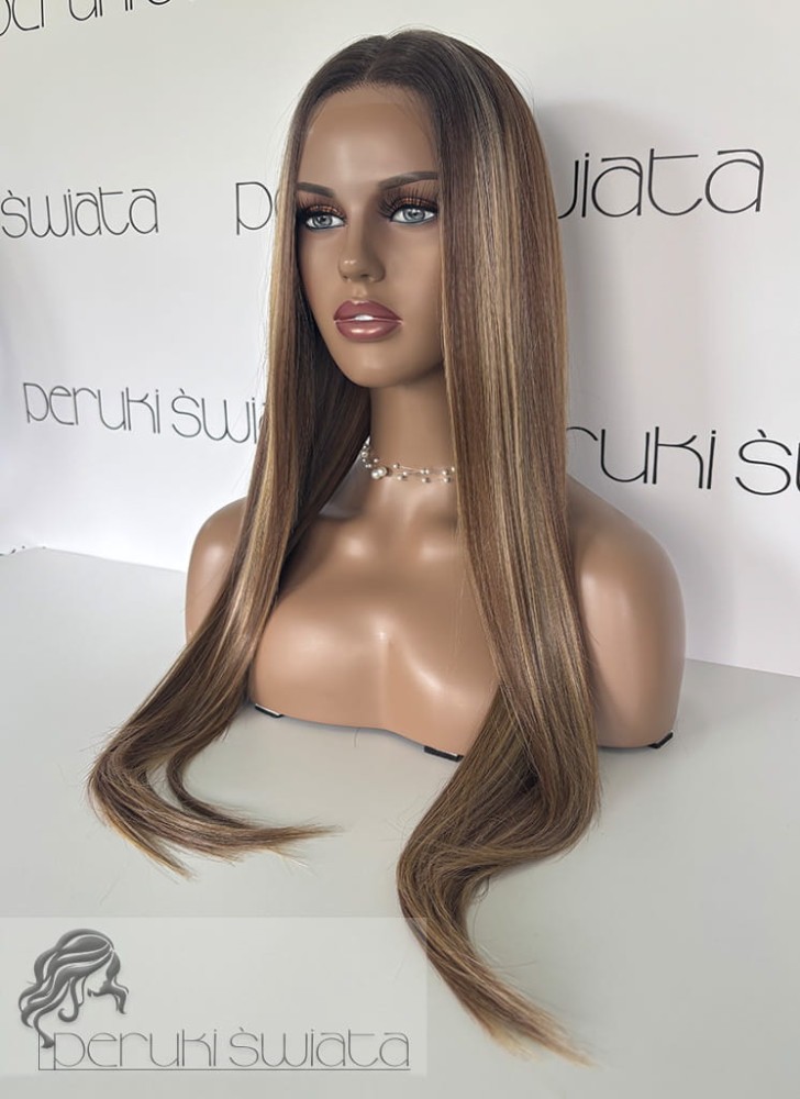 Peruka Ensley, czepek typu: full lace, kanekalon termoplastyczny, mix jasnego brązu z ciepłymi blondami na odroście