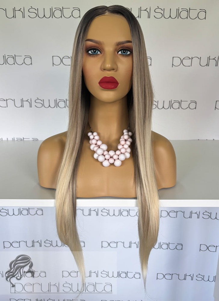 Peruka syntetyczna Olive, czepek typu: full lace, kanekalon termoplastyczny,  jasny, popielaty blond jaśniejący ku końcom na odroście