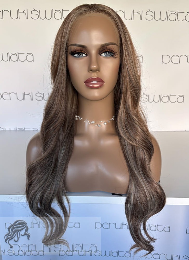 Peruka syntetyczna Mariposa, czepek typu: full lace, kanekalon termoplastyczny,  mix średnich, ciepłych blondów z białym blondem