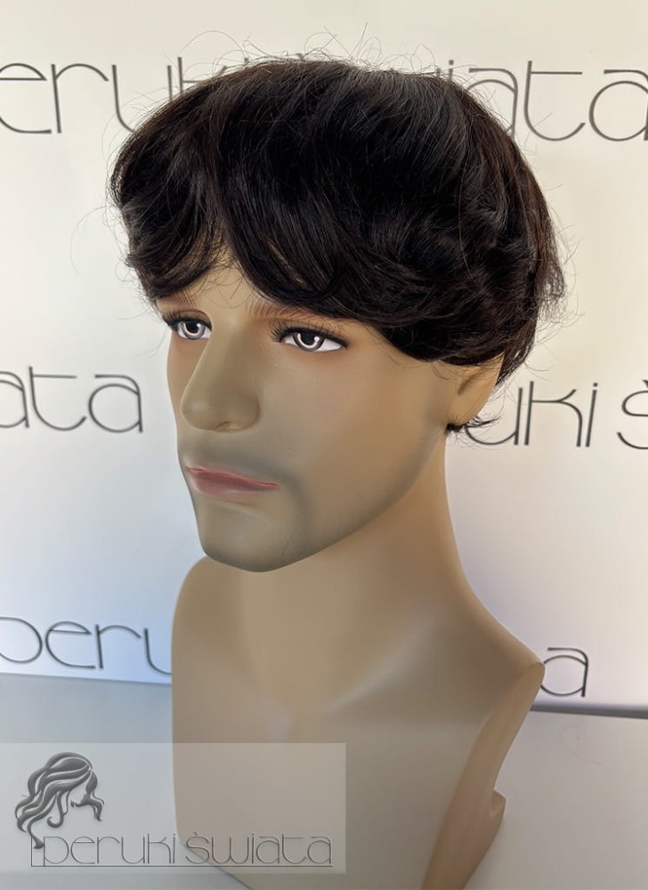 Ręcznie tkany topper/tupet/ peruka systemowy/a unisex,  z włosów naturalnych, kolor:  czerń naturalna z poświatą brązu