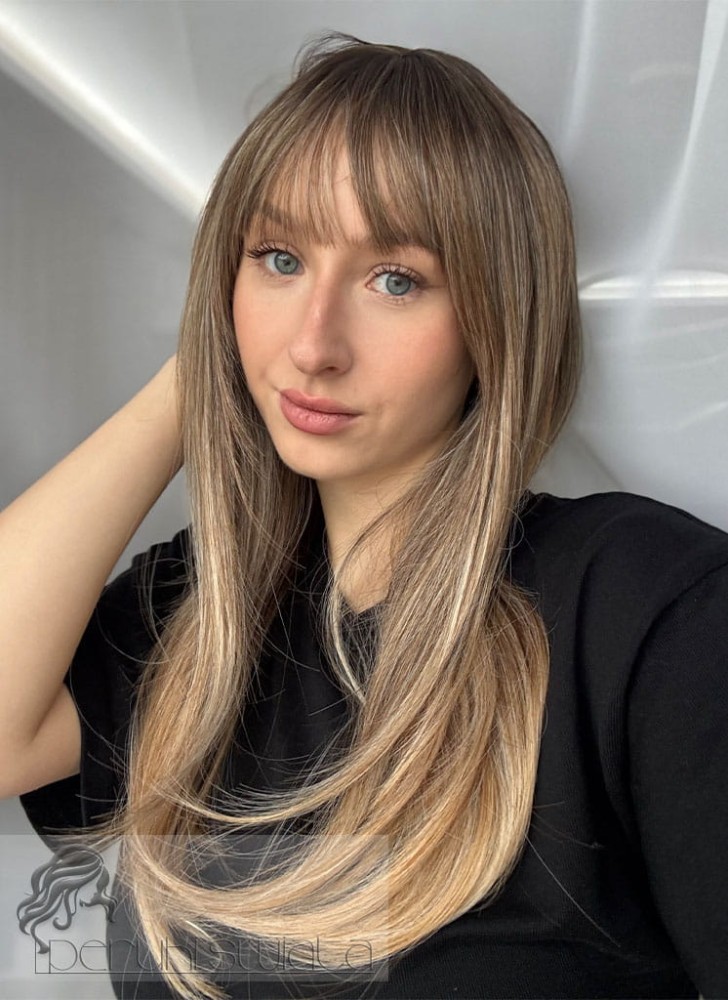 Peruka syntetyczna Brigitta, long bob z grzywką, mix ciepłych, słowiańskich blondów na odroście