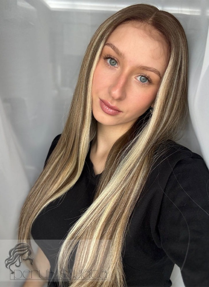 Peruka syntetyczna, model Della, kanekalon, full lace front, kolor:  mix brązu z blondami