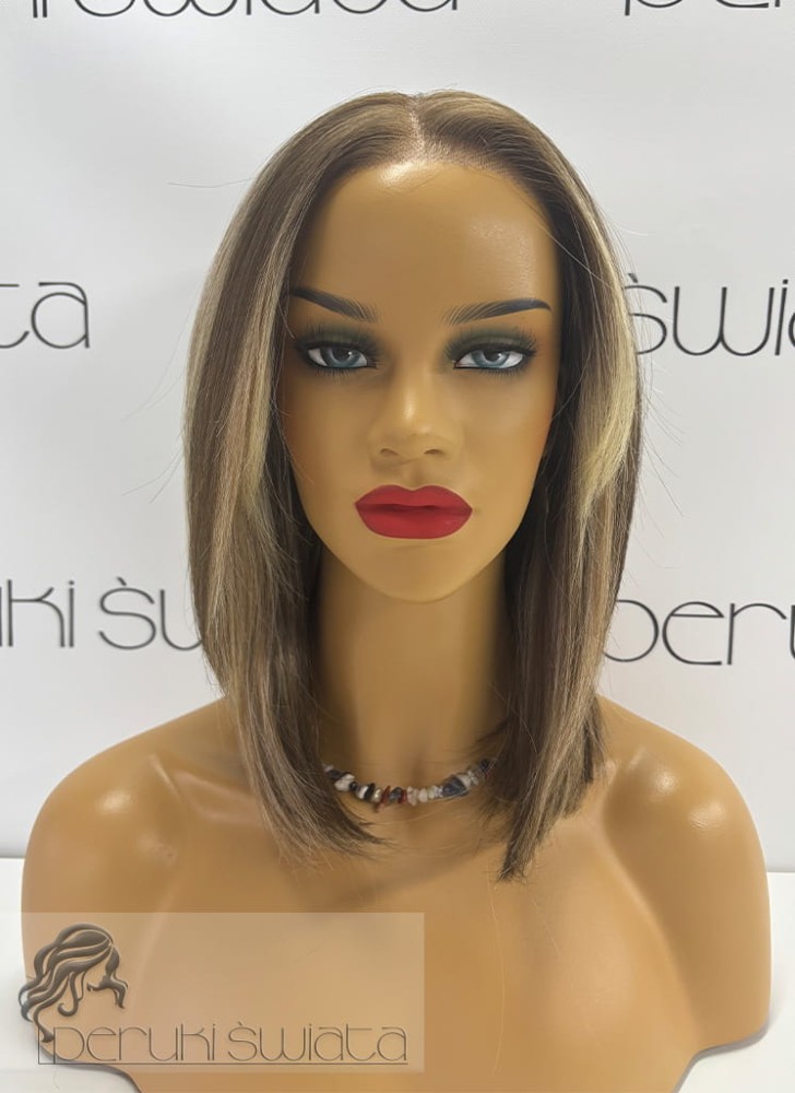 bob z lekką grzywką, mix blondów, peruka syntetyczna tkana ręcznie na siatce