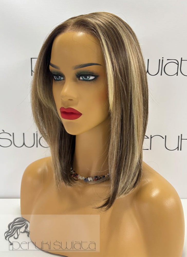 bob z lekką grzywką, mix blondów, peruka syntetyczna tkana ręcznie na siatce