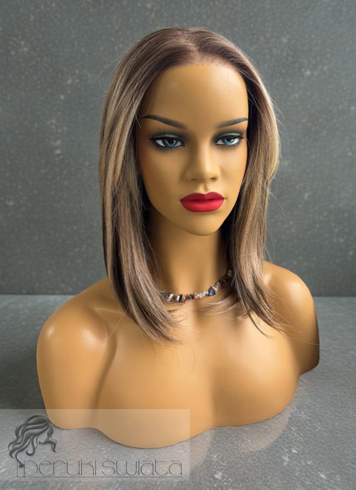 bob z lekką grzywką, mix blondów, peruka syntetyczna tkana ręcznie na siatce