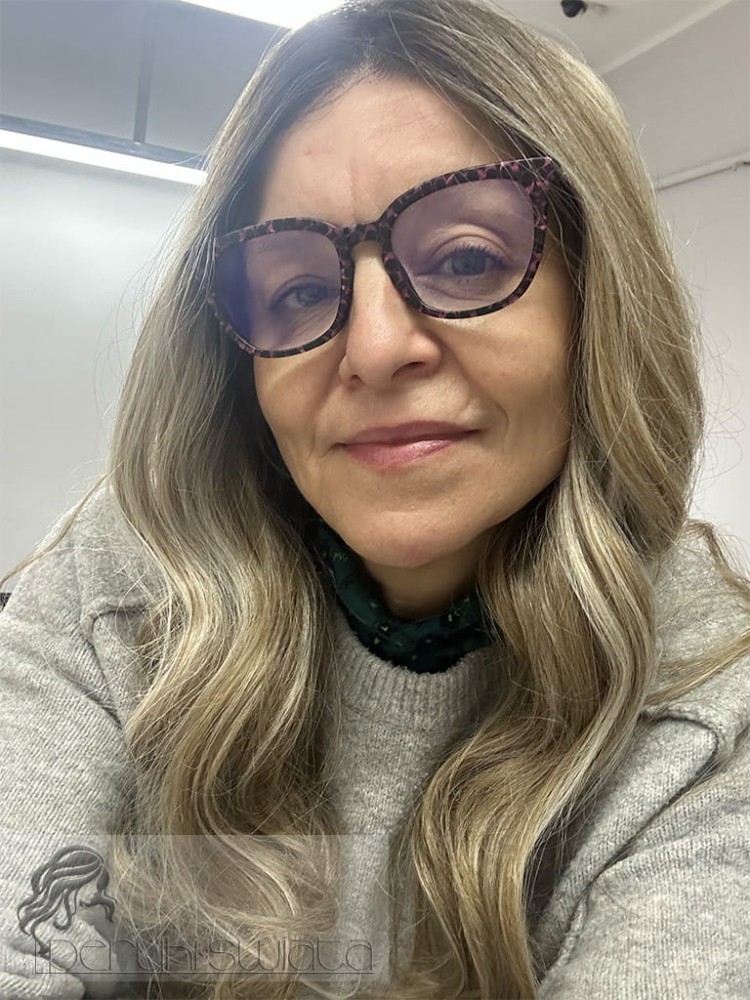 peruka syntetyczna długa fale tkana ręcznie na siatce (w koronie) mix chłodnych blondów